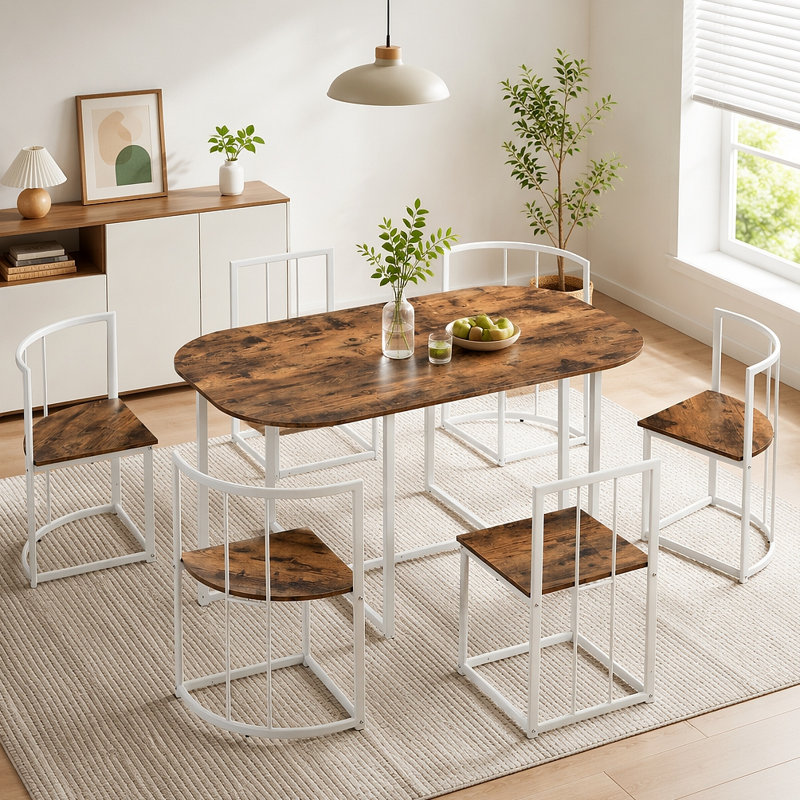 Ensemble de table de salle à manger 7 pièces Modern, Cerisier, Blanc, Cerisier, Cerise / blanc