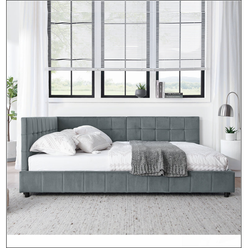 Structure de lit rembourrée capitonnée avec dossier et accoudoirs, bois d'eucalyptus durable pour une stabilité et un confort accrus
