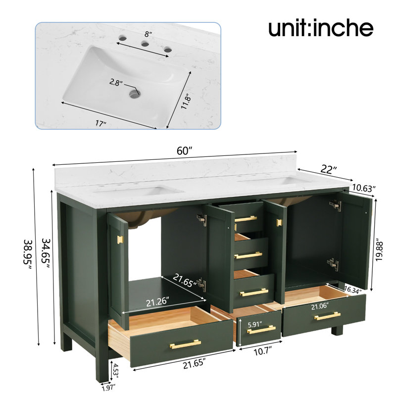 60-inch Bathroom Vanity With Engineered Stone Top, Green