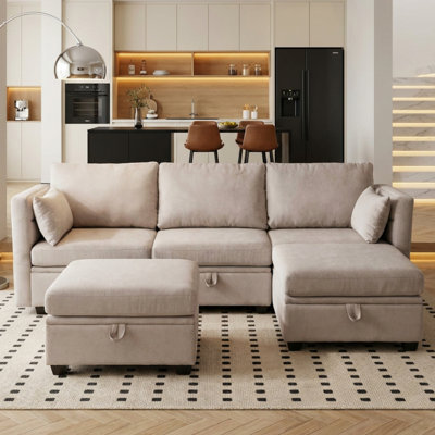 Modular U-Shaped Chenille Sectional Couch with 5 Storage Conponents, Adjustable Backrest & Armrests, Convertible Sectional Sofa for Living Room & Apartment