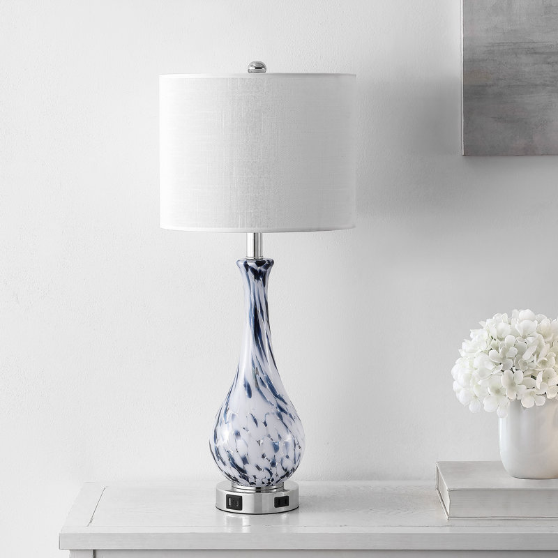 Darrius 27.5" Blue Glass Table Lamp with USB Type-C Ports and Built-in Outlet