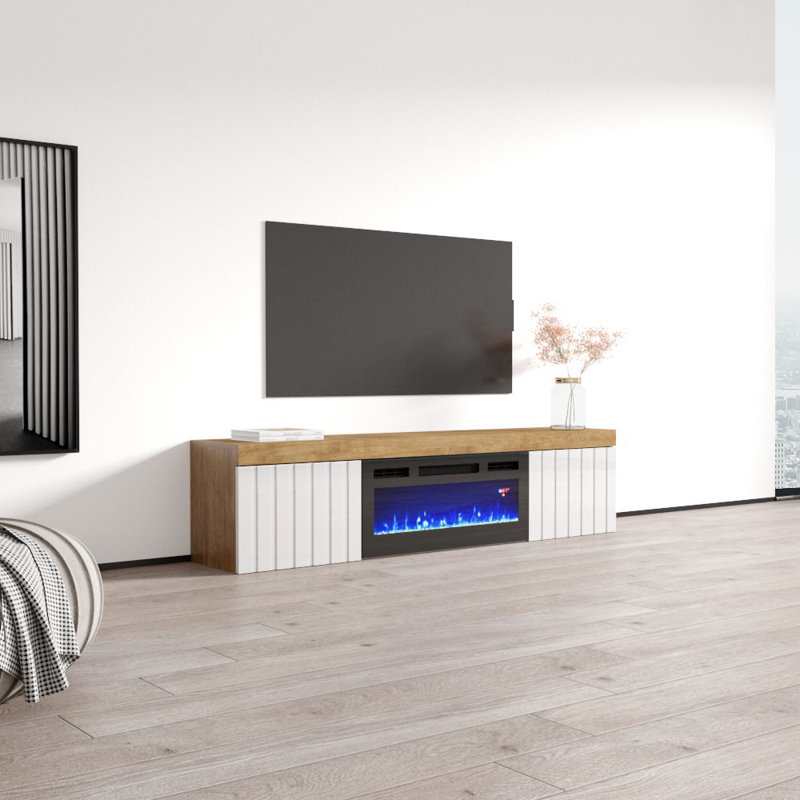 Floating TV Stand for TVs up to 78" with Electric Fireplace Included, Oak/White/Black