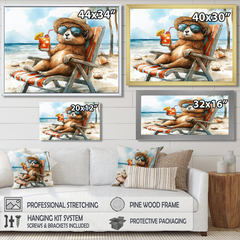 Saxton - art mural animaux côtiers, Toile avec cadre flottant or, H 12 po x l 20 po x P 1 po