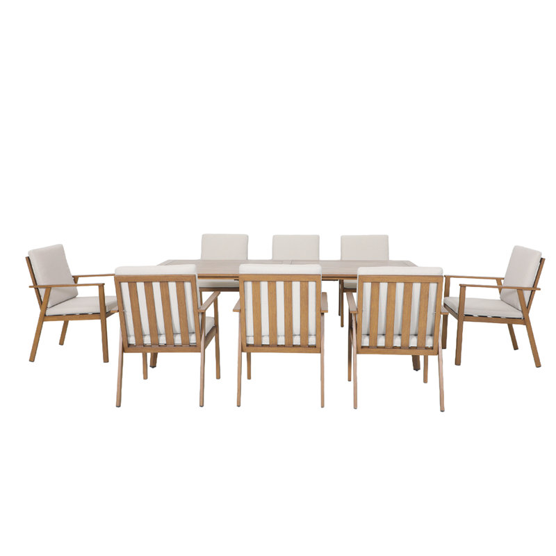 Seehill 9-Piece Aluminum Outdoor Dining Set, 8 Chairs & 84.6" Table With 2.2" Umbrella Hole, All-Weather Rust-Proof, UV-Resistant, Waterproof Patio Furniture For Patios, Lawn, Brown
