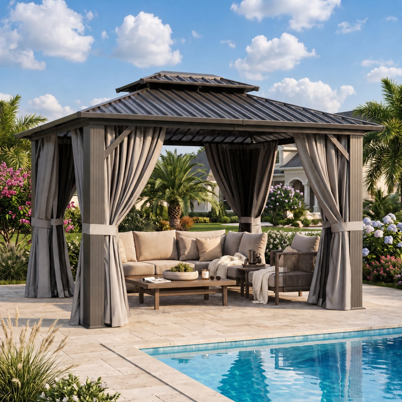 Hardtop Gazebo with Galvanized Steel Roof & Metal Frame, 12 Ft. W X 10 Ft. D, Gray