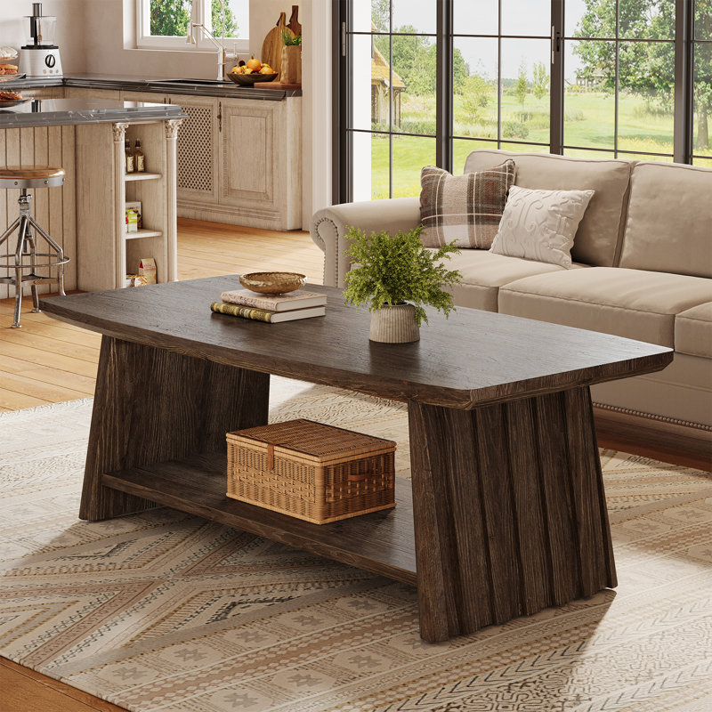 47-inch Solid Wood Coffee Table With Storage, 2-tier Farmhouse Center Table With Unique Fluted Panels