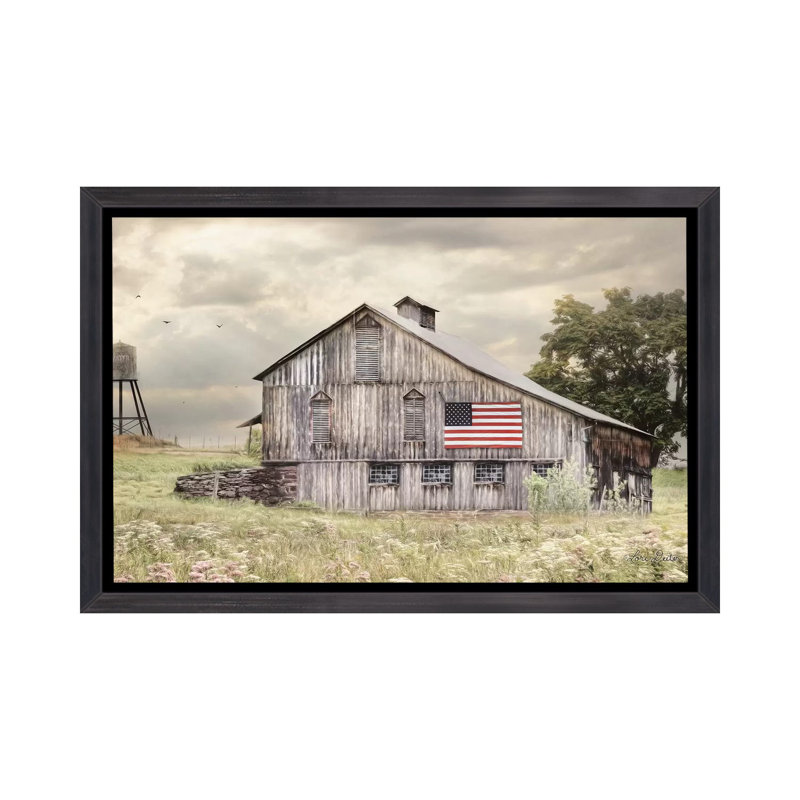 «Wild Virginia Barn» par Linda Rauch - impression d'art graphique, H 18 po x l 26 po x P 1,5 po, Toile avec cadre noir patiné