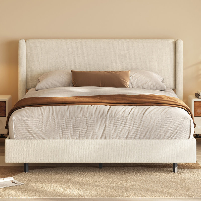 Bed Frame, Beige Fabric Bed with Padded Headboard and Wooden Slatted Base, European Kingsize (160 x 200 cm)