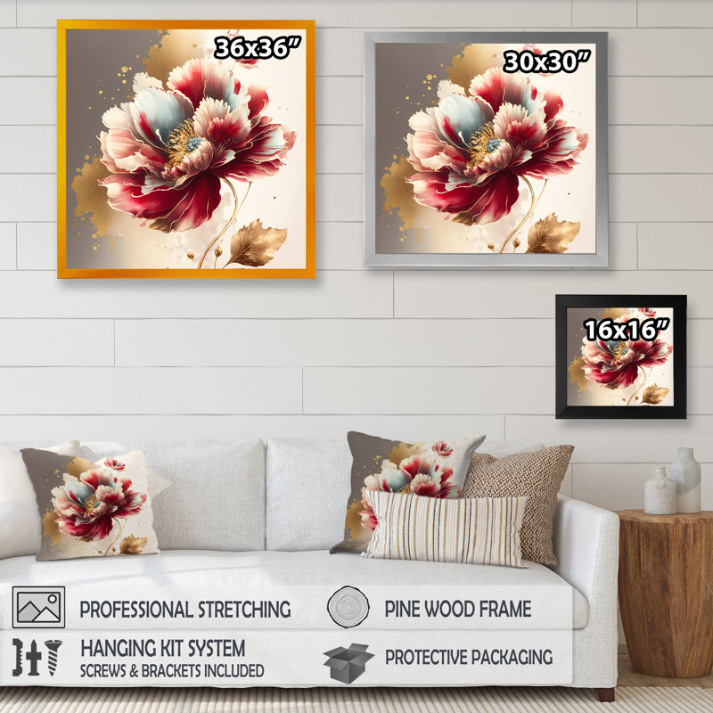 «Bold Red Floral Design II», impression sur toile, Cadre photo noir, H 16 po x l 16 po x P 1 po