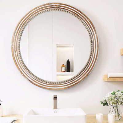 Miroir mural rond rustique 23,5 pouces avec perles, améliore l'entrée de la cuisine du salon, miroir perlé, style pour décoration blanche