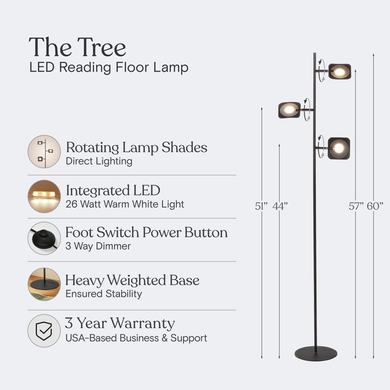 Bronze Touch-Sensitive 60" LED Floor Lamp with 3 Adjustable Heads