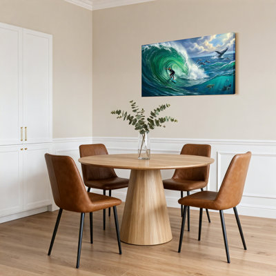 Ensemble de 1 tableau sur toile tendue représentant un surfeur sur une vague géante avec des dauphins et des baleines