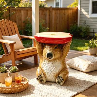 Capybara tenant un tabouret tranche de pomme, une table d'appoint de 14 pouces avec figurine d'animal, un siège décoratif extérieur pour la terrasse, le jardin, le porche et le salon