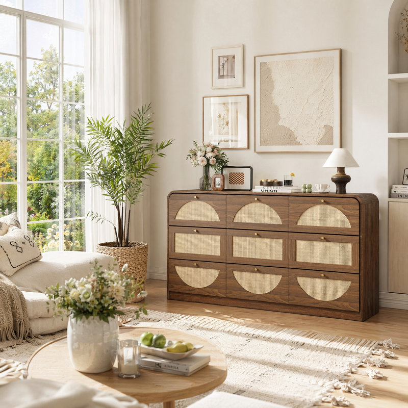 Commode 9 tiroirs avec façades en rotin tissé Rosuna, commode très large boho-moderne, Walnut
