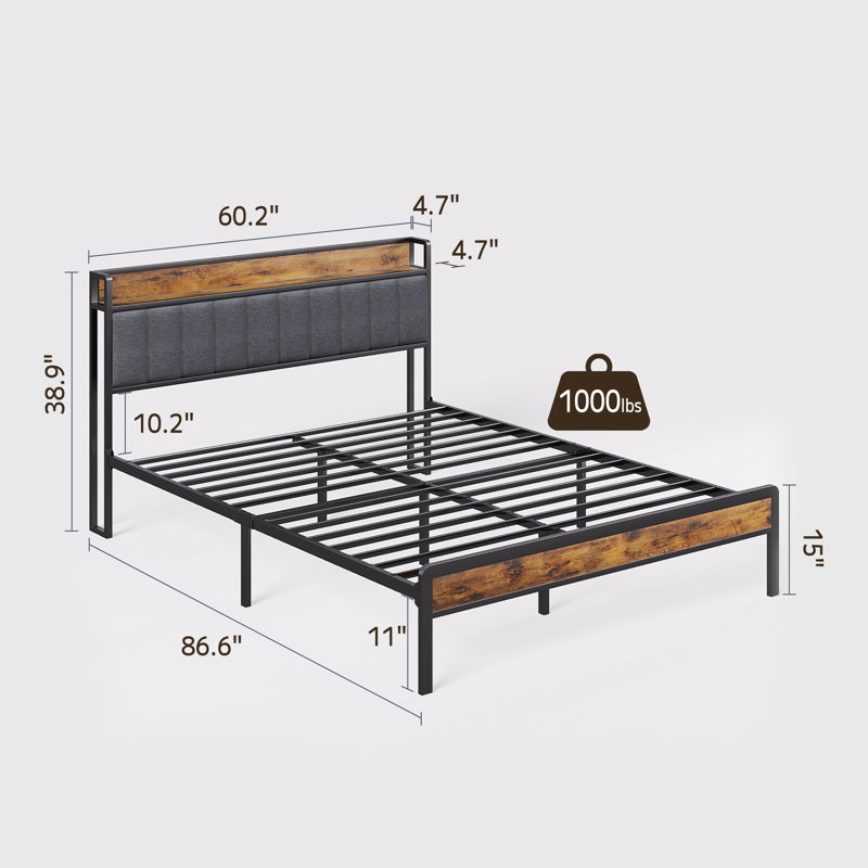 Modern Metal Platform Bed with Linen-Upholstered Storage Headboard & Open Bookcase Shelves – High Leg Design, Dark Grey