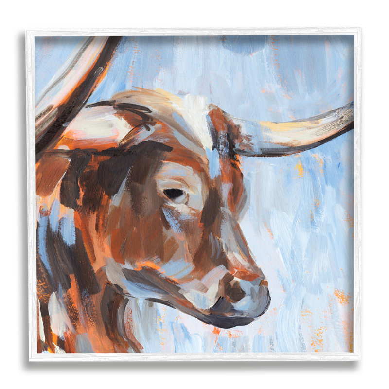 Longhorn bleu par Annie Warren, Estampe numérique encadrée blanc bord de mer, H 12 po x l 12 po x P 1,5 po