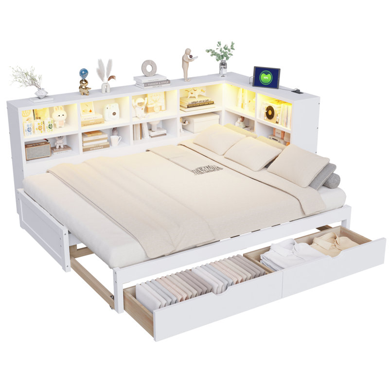 Twin XL to King Size Daybed with Two Storage Drawers, Storage Cabinets LED Light and USB Ports, White