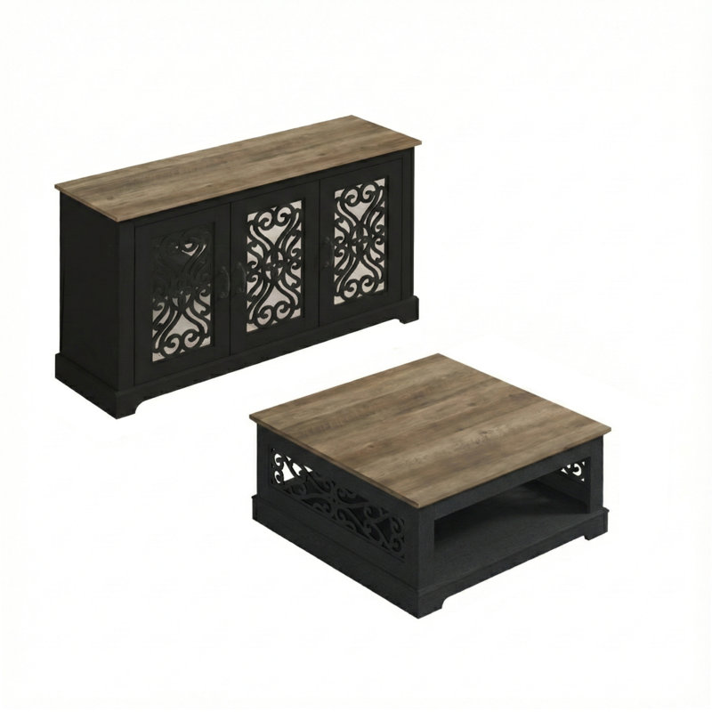 Pablo Traditional 2 Piece Sideboard And Coffee Table Living Room Set, Knotty Oak, Black