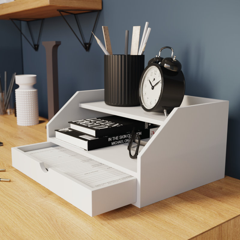 Mason 3 Tier Desk Organizer with Drawer, White