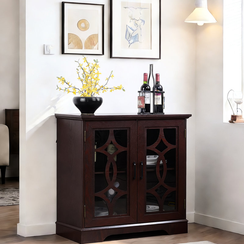 Spacieux buffet 34,15 "x 15,23" 33,12 "avec 2 portes en verre, tablette réglable, bois d'ingénierie rouge foncé pour la maison l 34,15" P 15,23 "P 33,12" H
