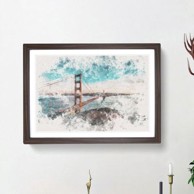 The Golden Gate Bridge in San Francisco Bay Watercolour - Picture Frame Graphic Art Print