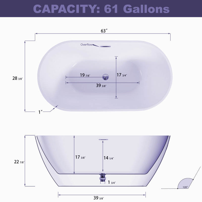63.1'' x 28.81'' Freestanding Soaking Acrylic Bathtub
