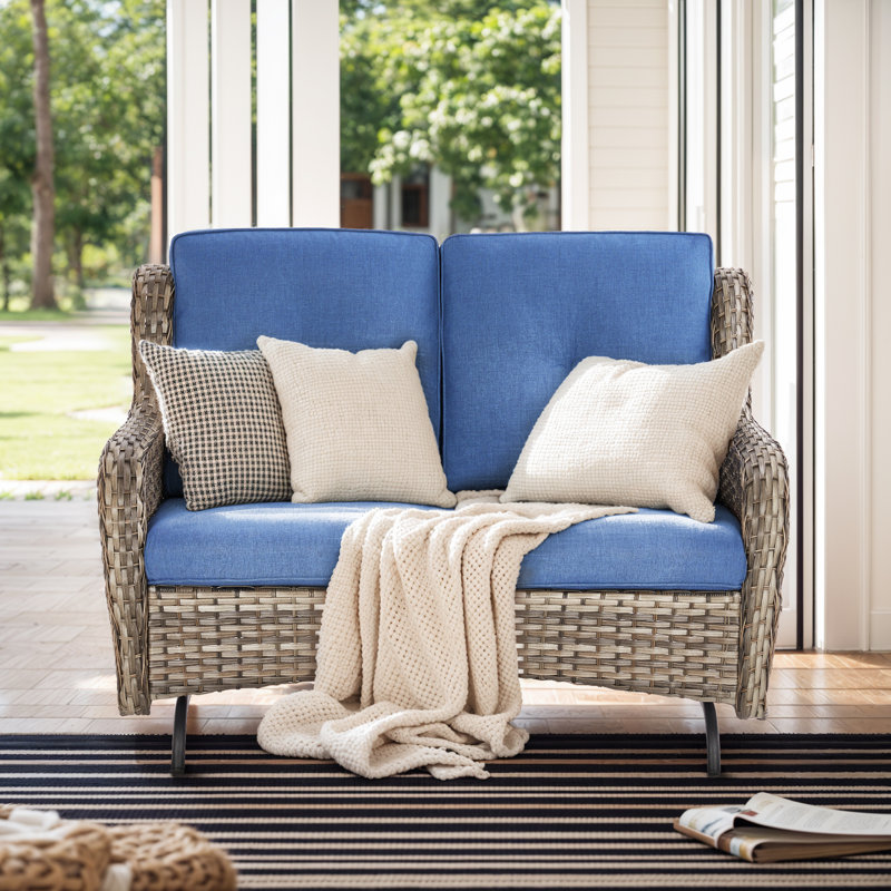 Wendye 2 Seat Stylish Patio Loveseat Glider Sofa With Water-Resistant Olefin Cushions, Gray, Blue
