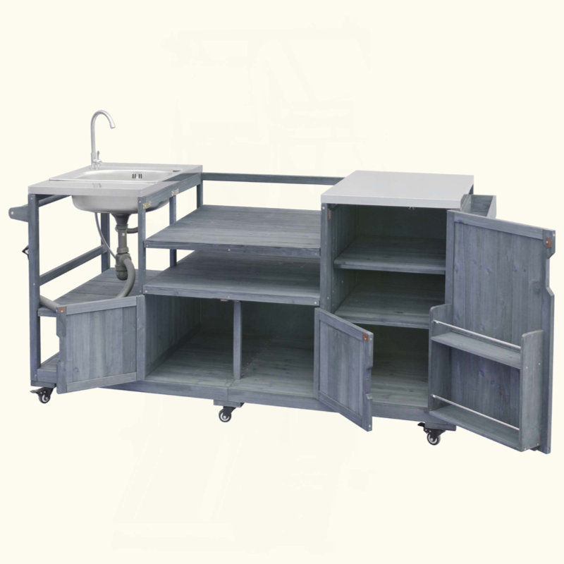Rustic Kitchen Island With Stainless Steel Top And Solid Fir Wood Construction, Gray/Blue