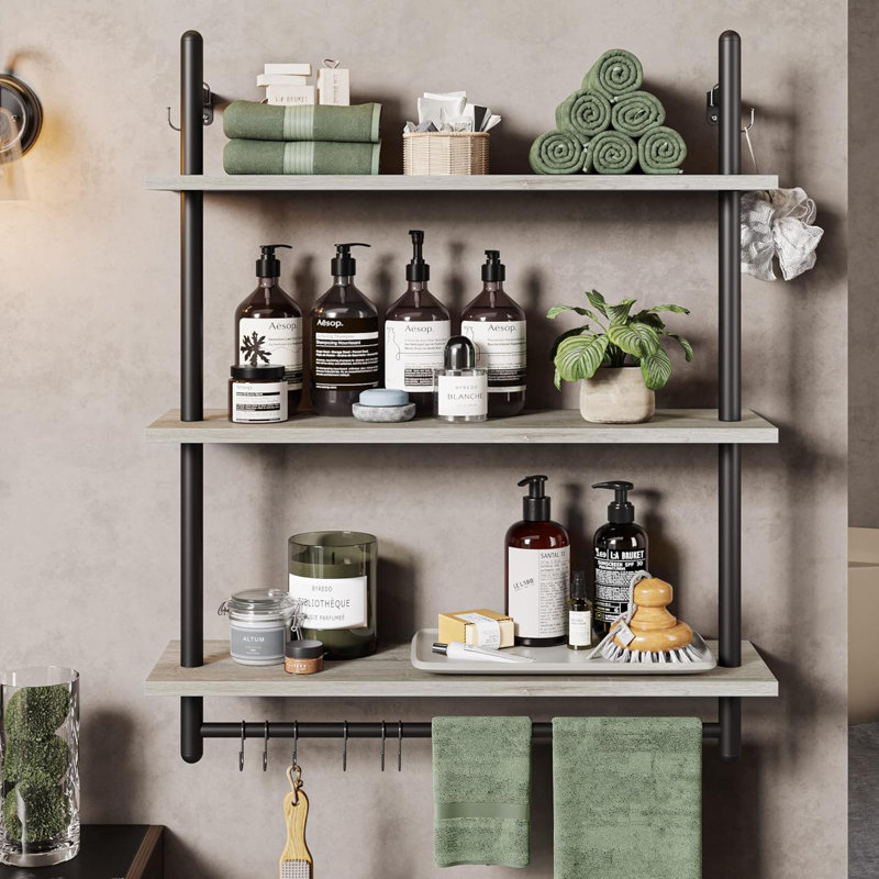 3 Tier Industrial Pipe Shelving, Floating Book Shelves For Wall, Storage Hanging Shelves With Towel Bar For Bathroom Organizer Bedroom Kitchen Plants Office