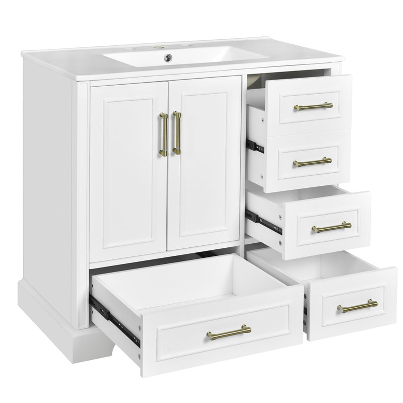 Meuble-lavabo avec lavabo en céramique, 7 portes, tiroir, tablette réglable et meuble-lavabo