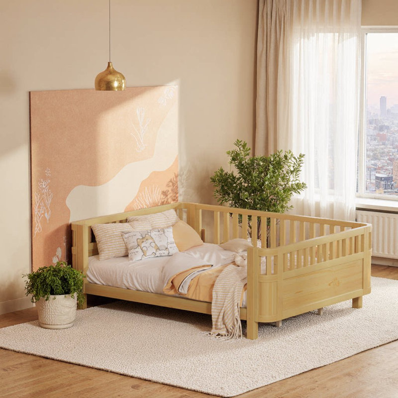 Lit plateforme élégant en bois grand format avec rails de sécurité - Finition naturelle, parfait pour les filles et les garçons