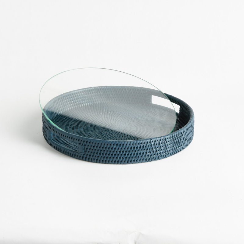 Plateau de service rond en rotin Burma, 2.25" H x 12.75" W x 12.75" D