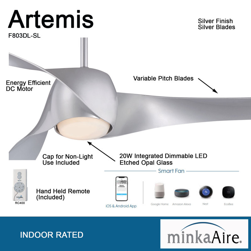 58" Artemis 3 Blade LED Smart Ceiling Fan with Remote, Lighting Kit Included, Silver