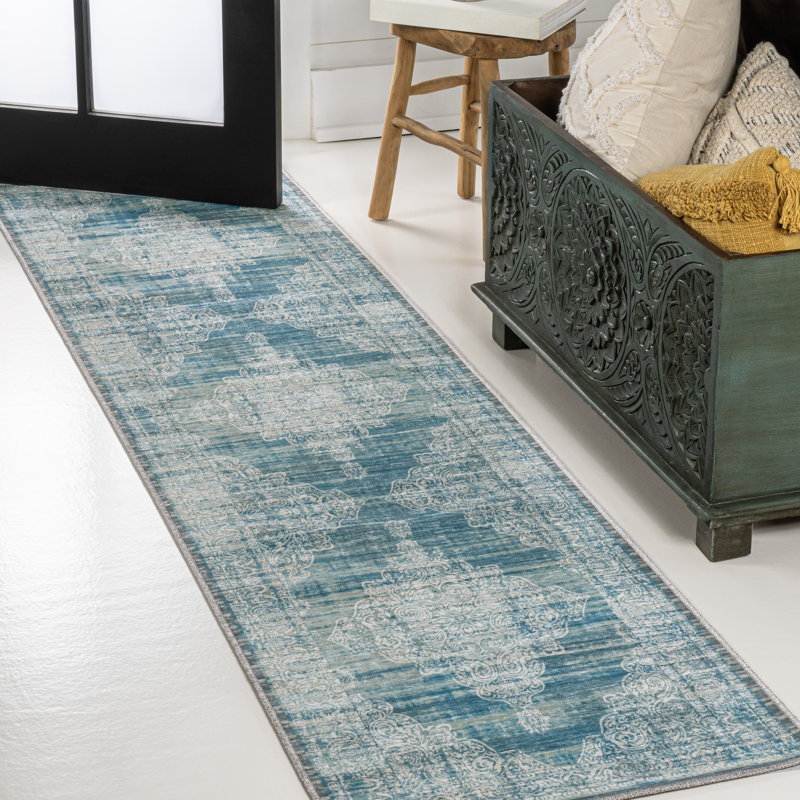 Regis Bohemian Medallion Machine-Washable Teal/Cream Rug, Runner 2' x 8'