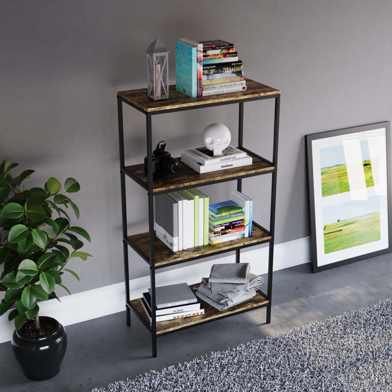 Sylvie 4 Tier Industrial Style Bookcase Living Room Shelving Unit With Metal Frame, (4 Shelves) 111cm. H x 60cm. W x 30cm. D.