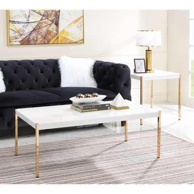 Table basse dorée et blanche avec pieds en métal, plateau en bois, style minimaliste, plateau de table épais de 53 mm, bois composite et métal, P 24 po, l 48 po, H 18 po, poids de 30 lb, plateau de table, profondeur de 23,41 po, 49,1