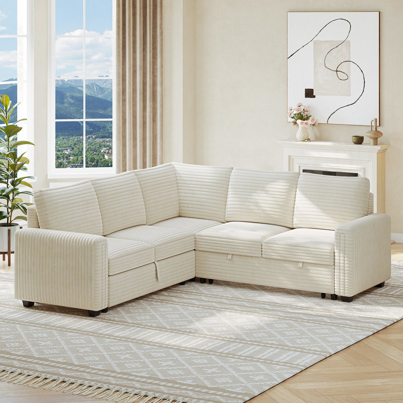 88 "corduroy L-shaped Sofa With Storage Can Be Converted Into A Sofa Bed, Beige Corduroy