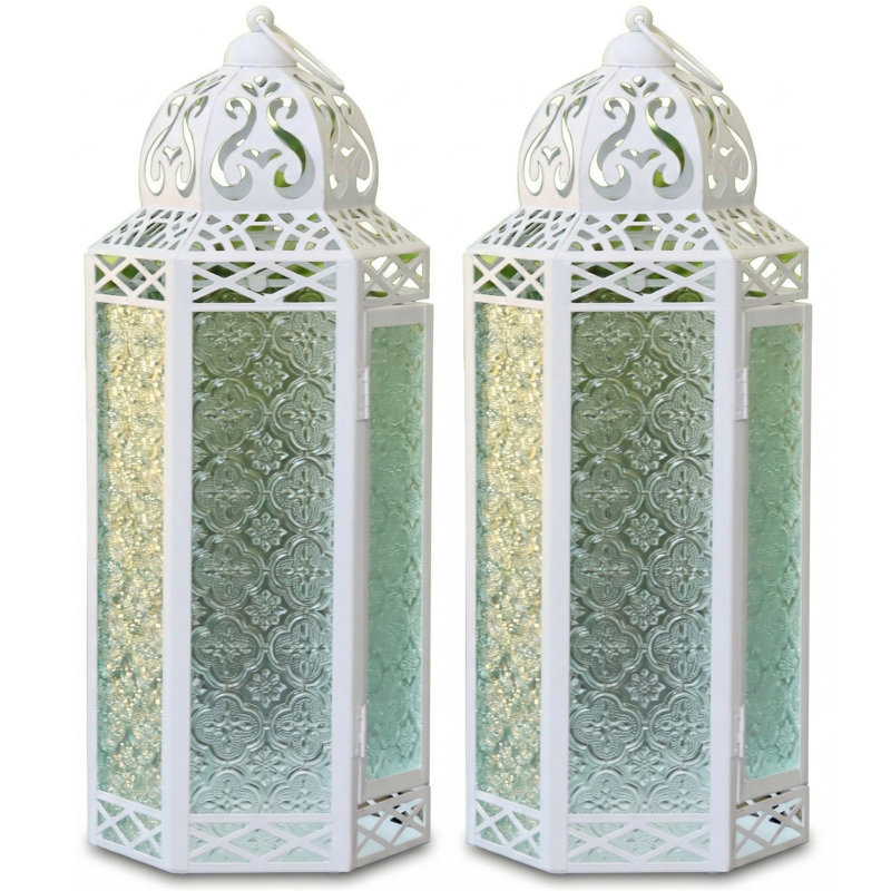 Moroccan Candle Lantern Decorative Candle Holder Lamp for Table or Hanging, Ramadan Decorations, Weddings, Indoor Home Decor, Outdoor Patio or Porch (Set of 2)