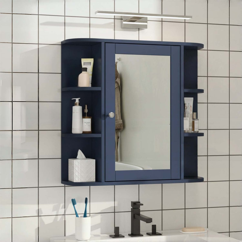Bathroom Wall Storage Cabinet with Mirror,Adjustable Shelves,and Open Compartments for Efficient Organization, Bleu