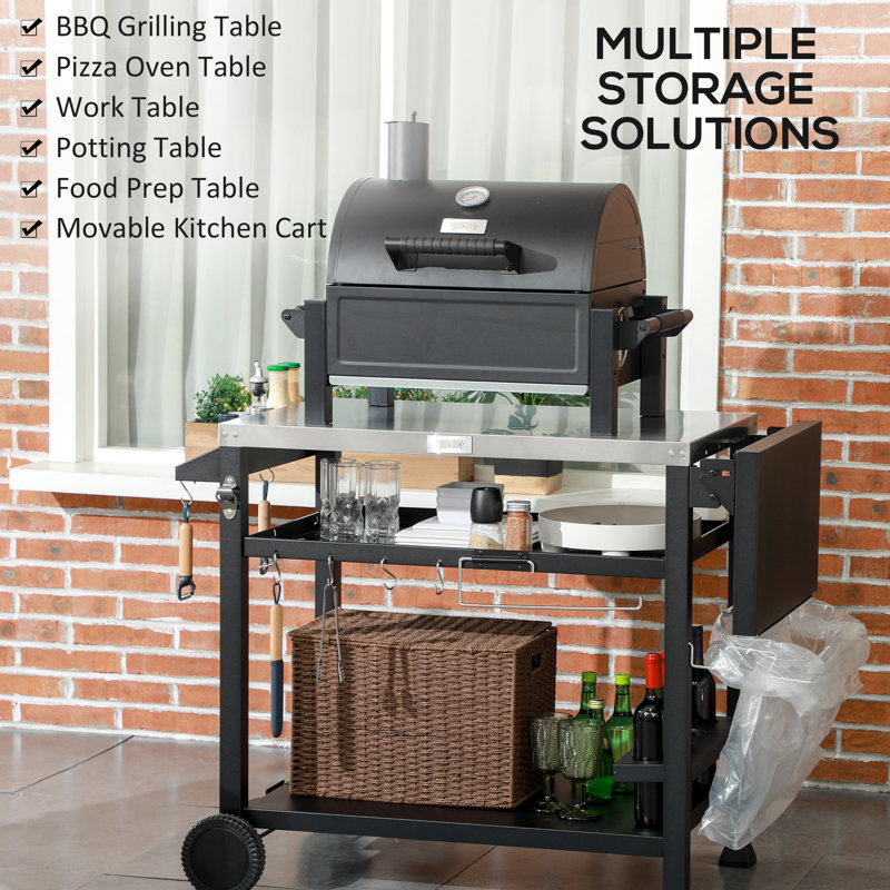 Portable Outdoor Food Display Cart, 46" X 21.75", Stainless Steel, Foldable Side Table, , Black Prep