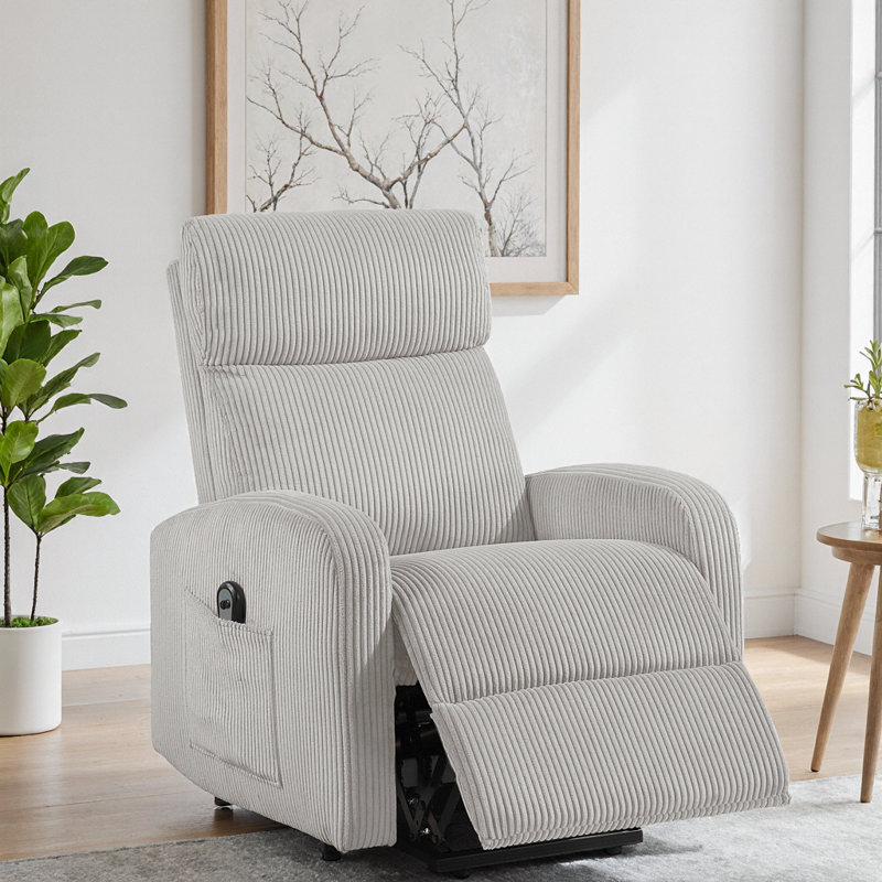 Modern Power Lift Recliner Chair with Plush Corduroy & Magazine Pocket – Gentle Lift Technology, Space-Saving Design, Gray
