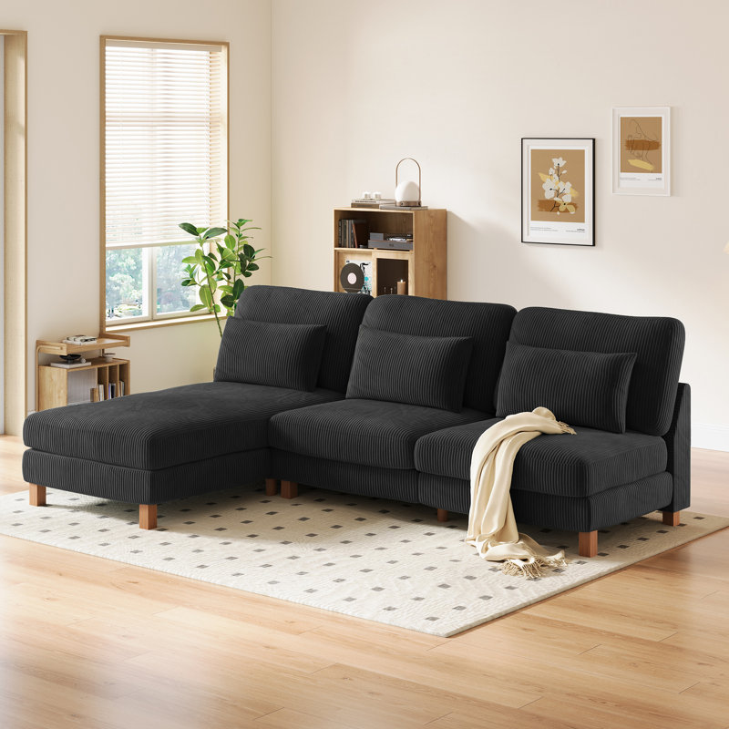 4 Seater Corduroy Sofa & Chaise, Black
