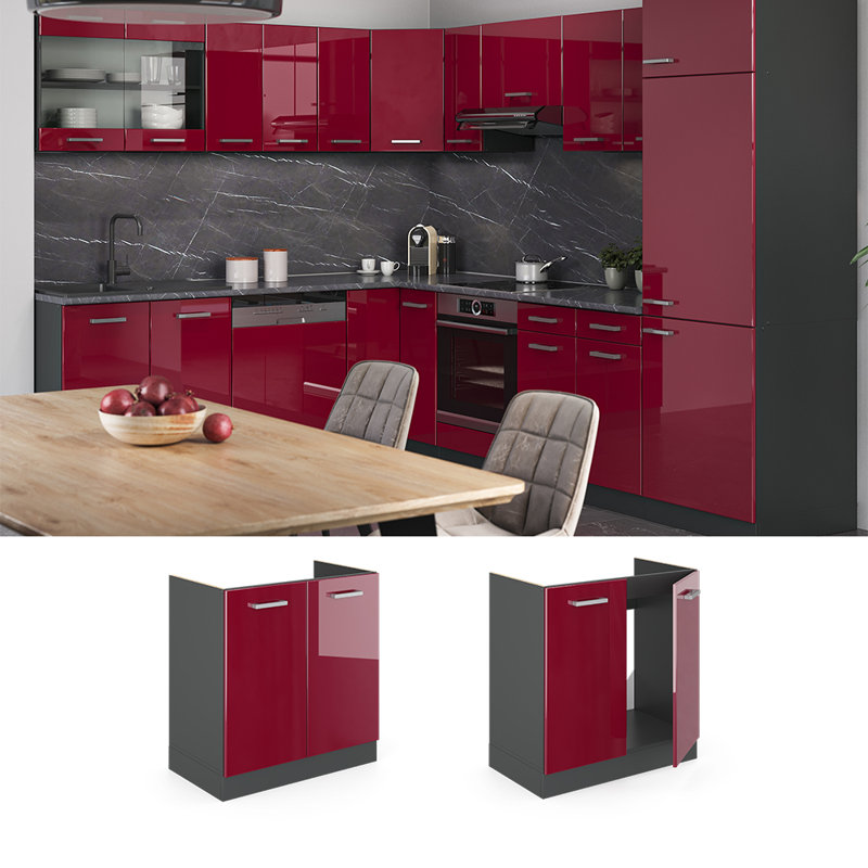 82Cm H x 80Cm W x 46Cm D Oak Base Unit Cabinet, Bordeaux/Grey