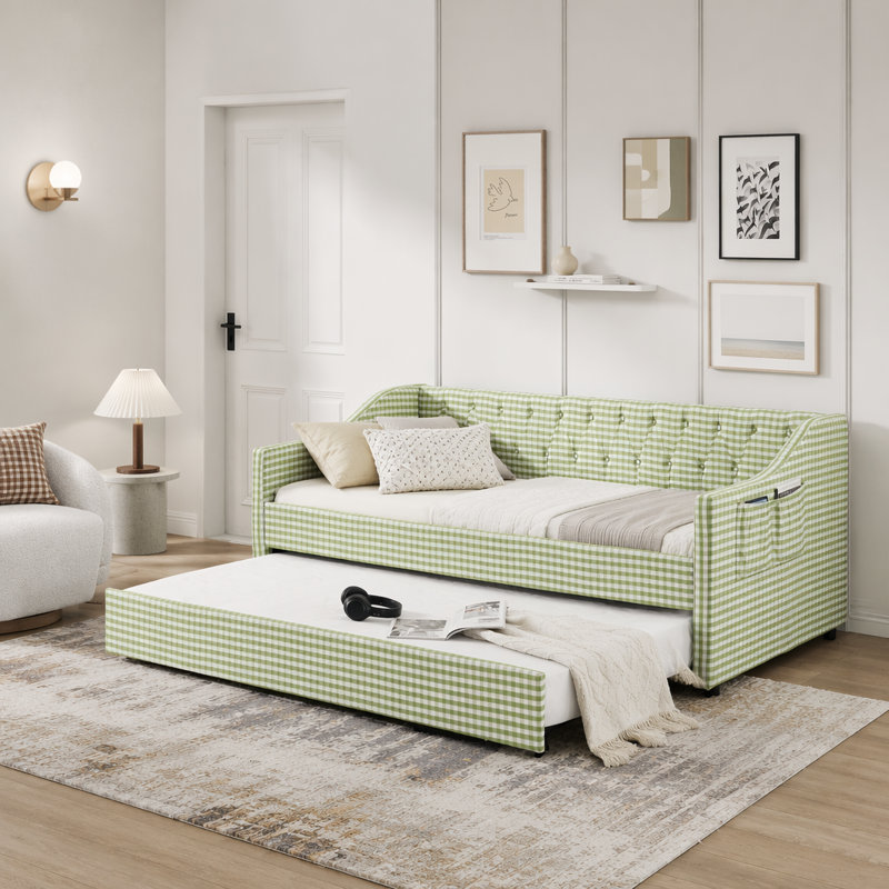 Lit de jour simple rembourré convertible 3-en-1 avec couchette et poches de rangement, Green