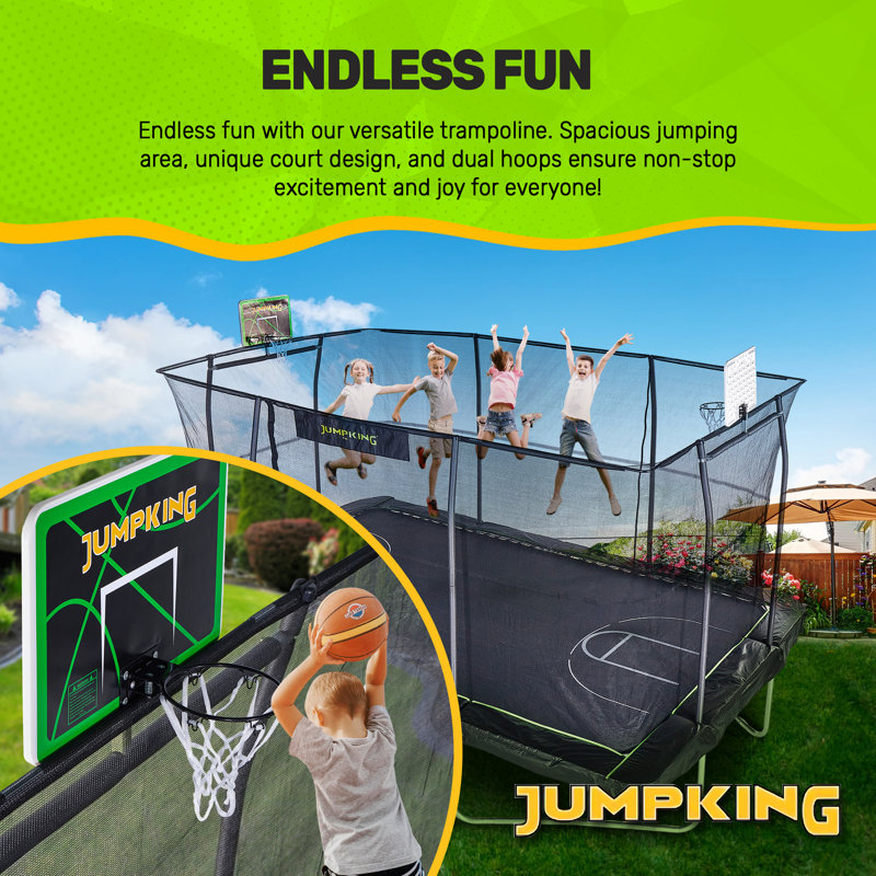 Black Rectangular Steel Trampoline with Enclosure and Basketball Hoop