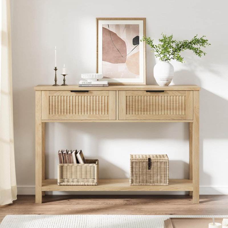 43 Inch Entryway Table, 2 Tier Wood Console Table with 2 Drawers & Storage Shelf, Natural
