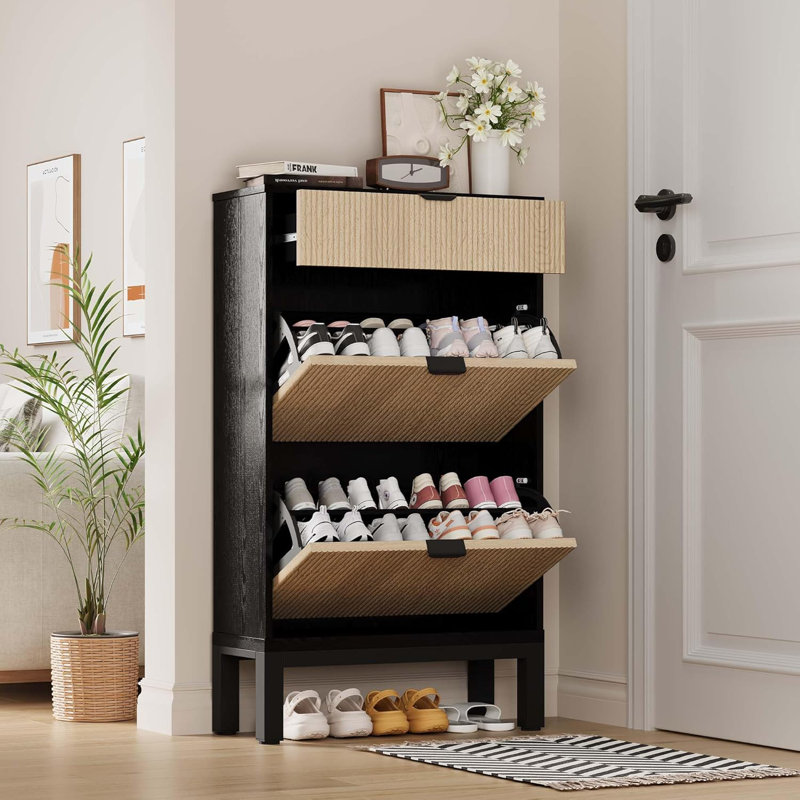 Shoe Storage Cabinet with 2 Flip Drawers, Farmhouse Fluted Shoe Organizer with Metal Legs, Black/Oak