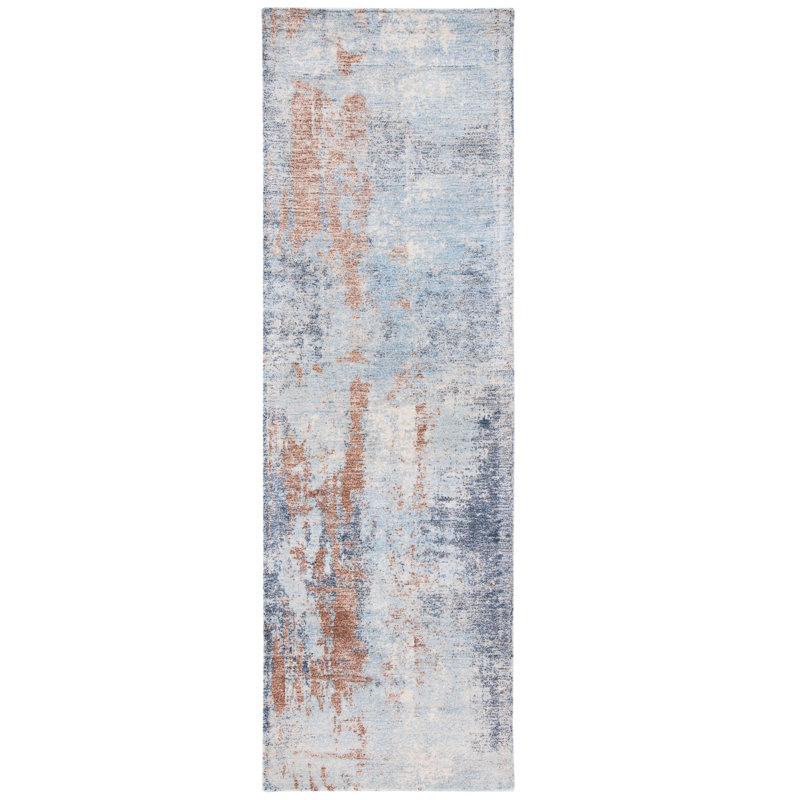 Tapis abstrait en laine / viscose touffeté à la main Dumfries - bleu clair / ivoire, Tapis de couloir 2 pi 3 po x 8 pi