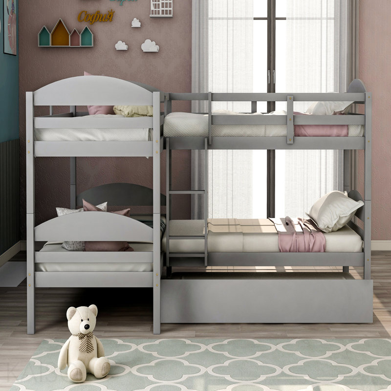Lit simple superposé en forme de L avec lit gigogne gris, Grey