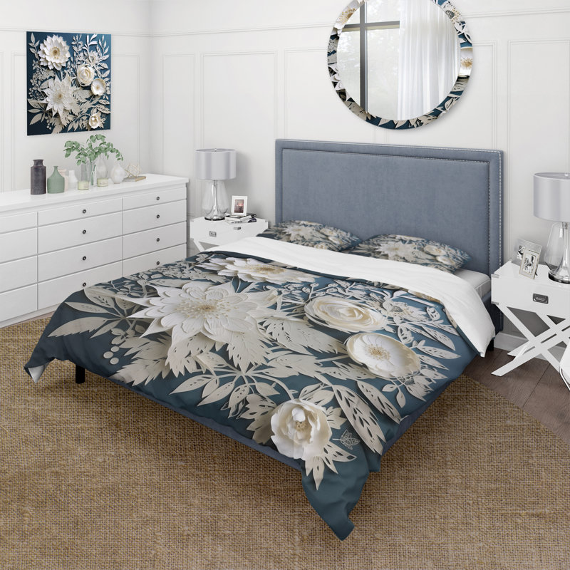 Ensemble de housse de couette en microfibre / polyester blanc et bleu, Housse de couette pour grand lit et 2 taies décor